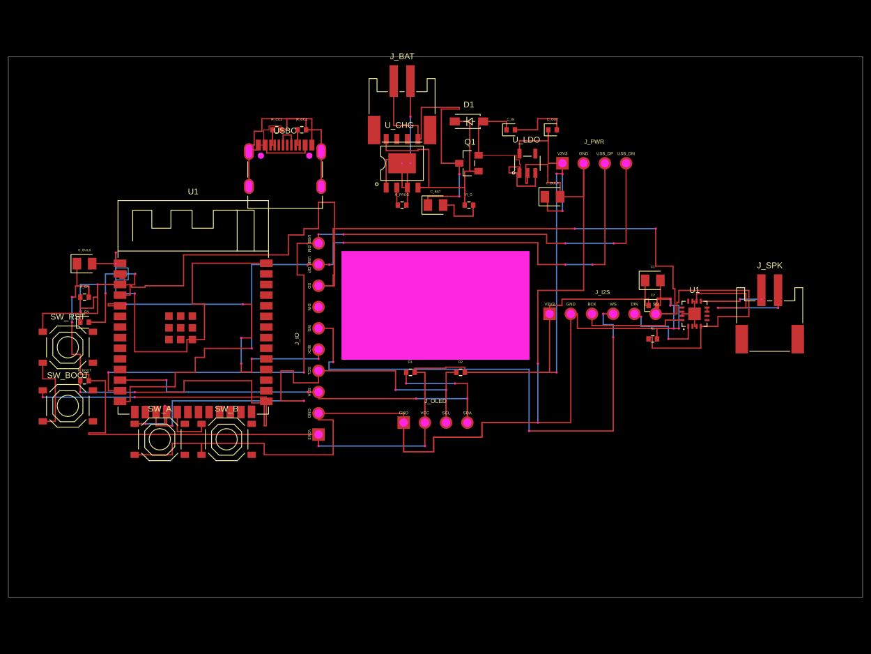 The routed board in tscircuit: ESP32 (U1) and the four switches at left, the USB-C / charger / LDO chain across the top, the SSD1306 footprint filling the center, and the I²S amp feeding the speaker header at right