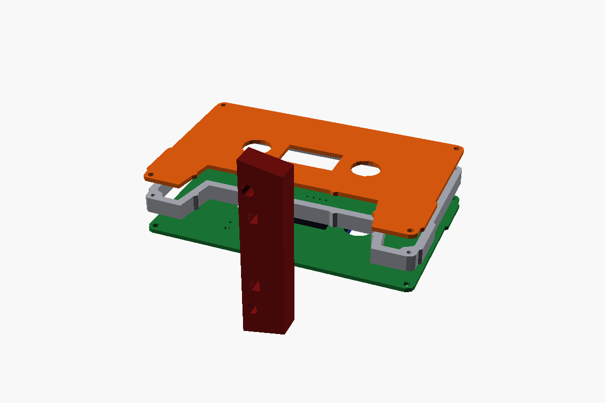Fit-check: the routed board (green) co-registered inside the printed shell — top frame, spacer, and the head insert standing proud through the middle — on a shared datum so cutouts and holes have to line up