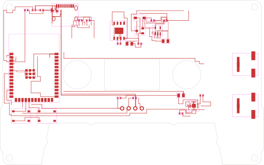 Floorplan: everything packed into the margins around the two reel keep-outs — MCU block at left, power chain across the top, audio at right, switches along the bottom edge