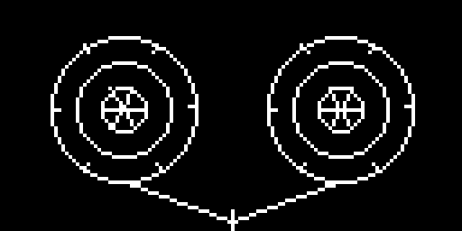 The 128×64 tape-winding animation: two hubs with wound tape and the tape path slung between them, drawn for the SSD1306
