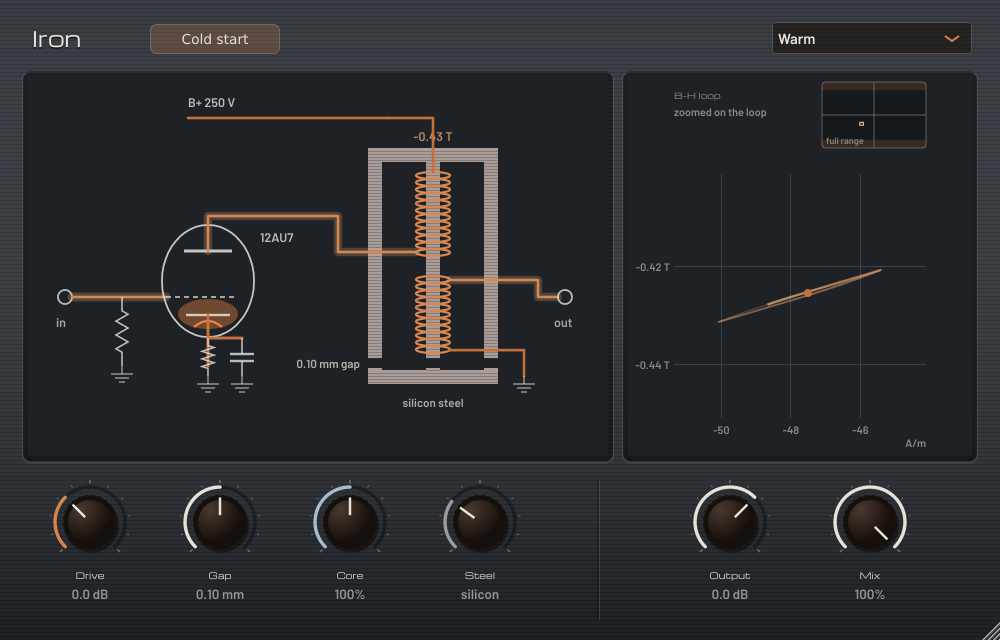 Iron plugin: a 12AU7 into a single-ended output transformer with its live B-H loop