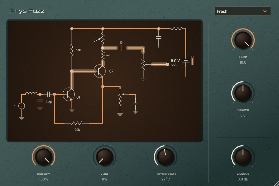 Phys Fuzz plugin: the live fuzz schematic with Battery, Age and Temperature knobs