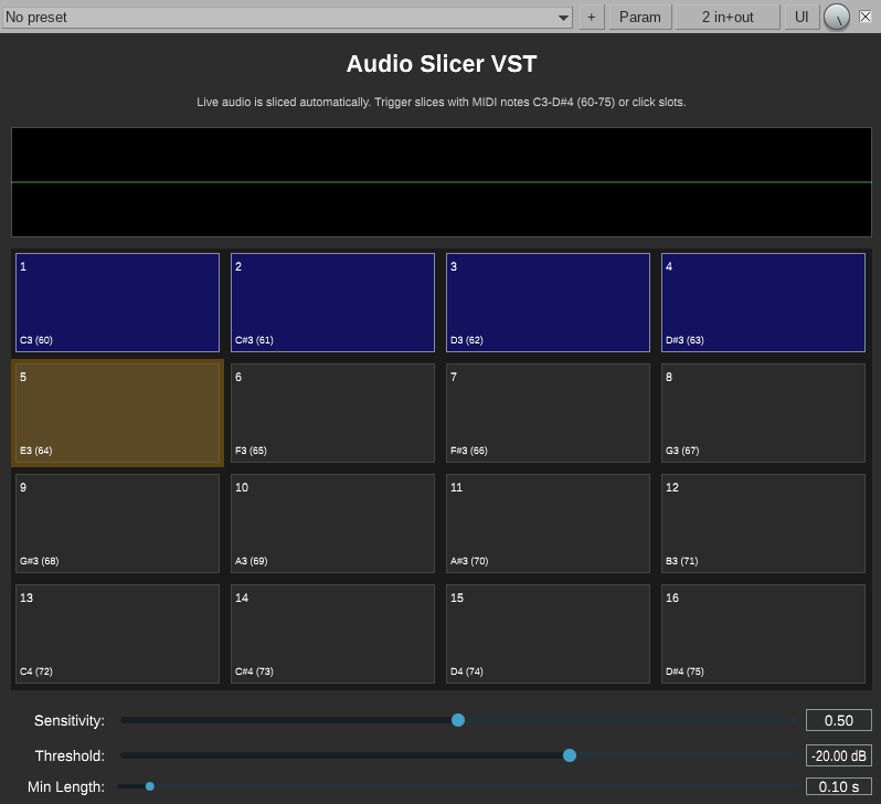 Rip.wav — live audio slicer VST plugin showing 16-slot grid and waveform display